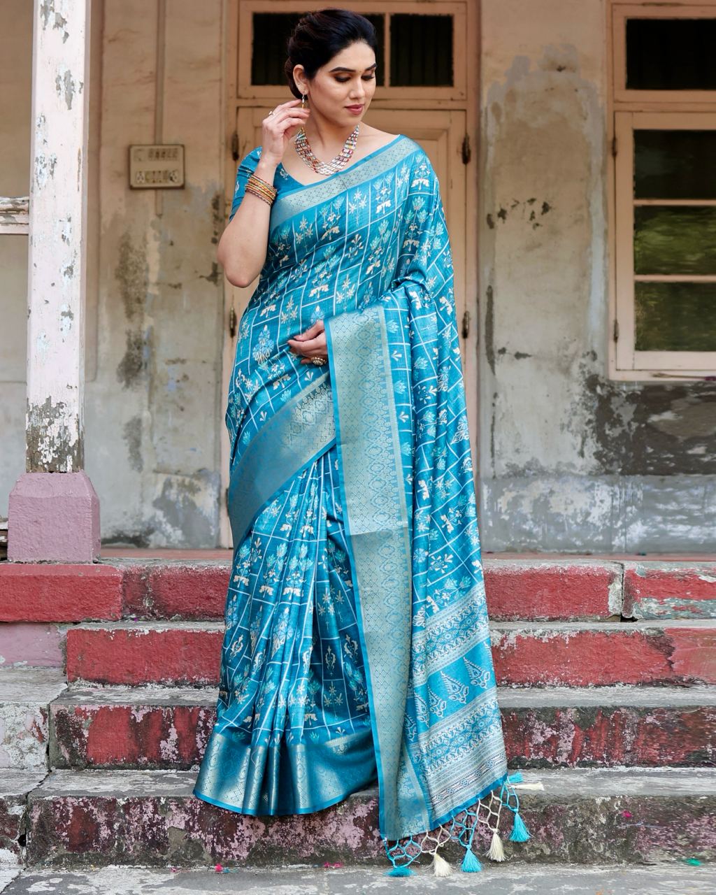 Pure Silk Digital Printed Sky Blue Saree with Brocade Blouse Colorful Saree