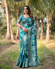 Pure Silk Digital Printed Sky Blue Saree with Brocade Blouse Colorful Saree