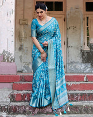 Pure Silk Digital Printed Sky Blue Saree with Brocade Blouse Colorful Saree