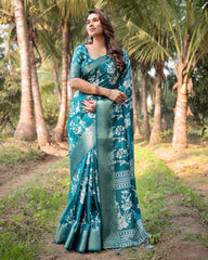 Pure Silk Digital Printed Sky Blue Saree with Brocade Blouse Colorful Saree