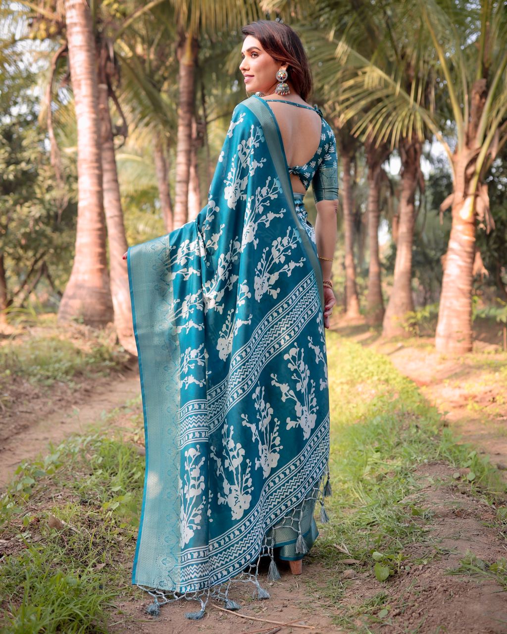 Pure Silk Digital Printed Sky Blue Saree with Brocade Blouse Colorful Saree