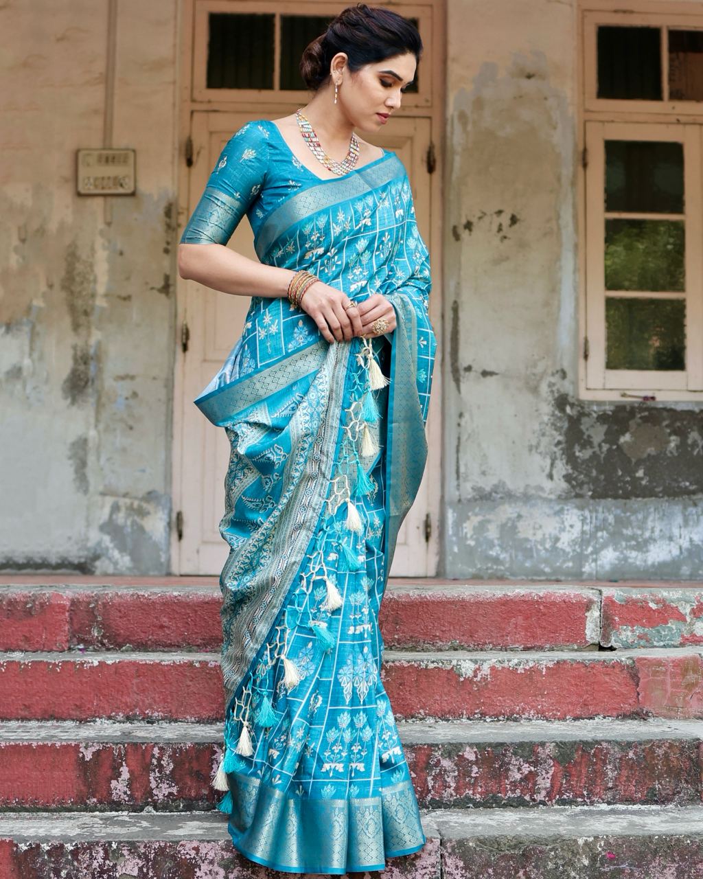 Pure Silk Digital Printed Sky Blue Saree with Brocade Blouse Colorful Saree