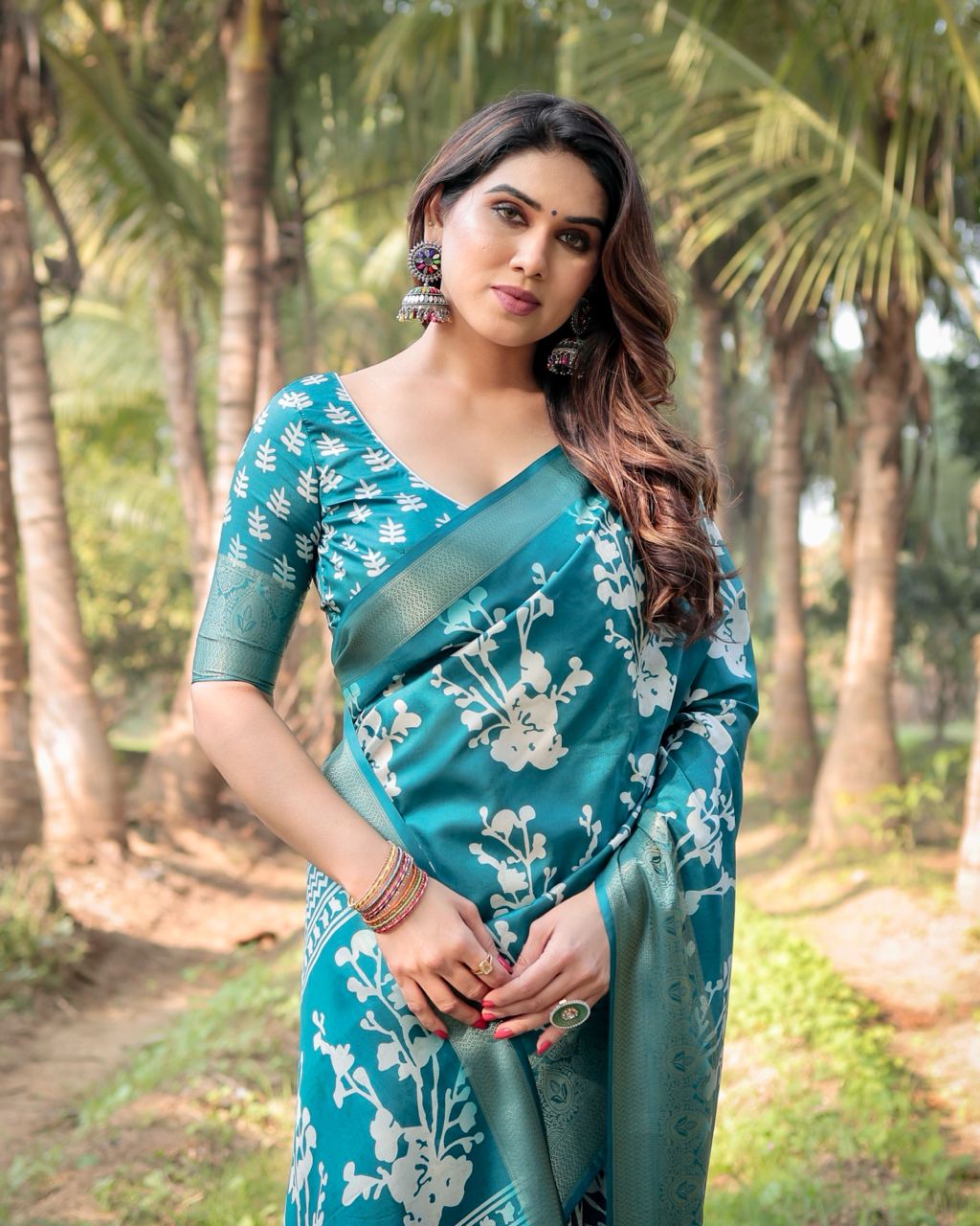 Pure Silk Digital Printed Sky Blue Saree with Brocade Blouse Colorful Saree