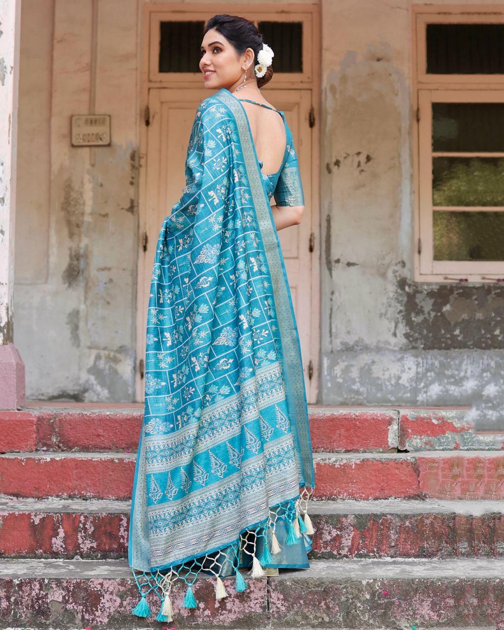 Pure Silk Digital Printed Sky Blue Saree with Brocade Blouse Colorful Saree