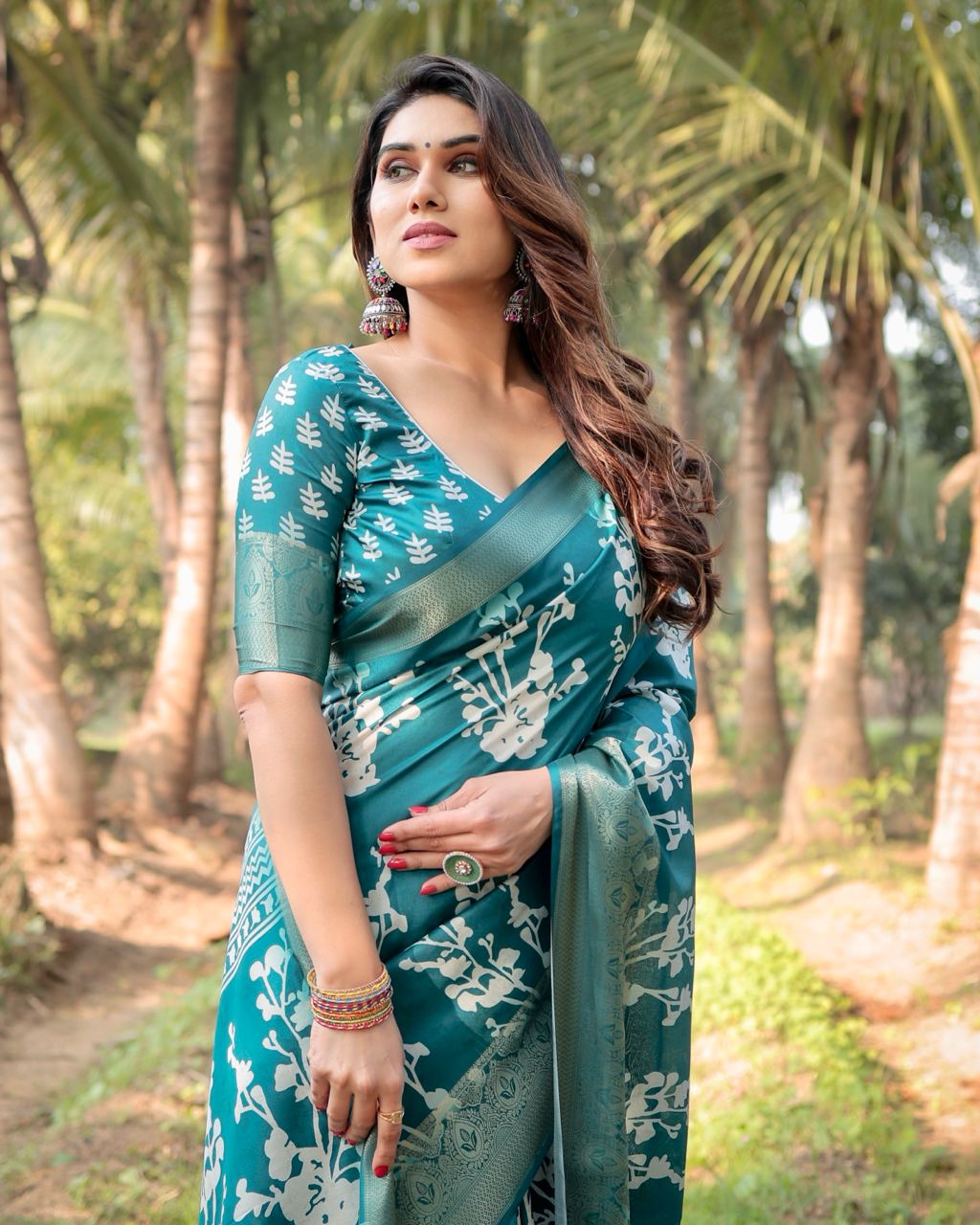 Pure Silk Digital Printed Sky Blue Saree with Brocade Blouse Colorful Saree