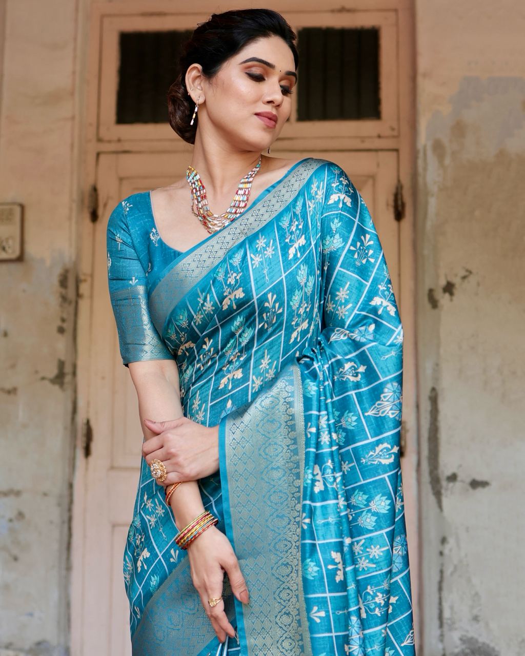 Pure Silk Digital Printed Sky Blue Saree with Brocade Blouse Colorful Saree