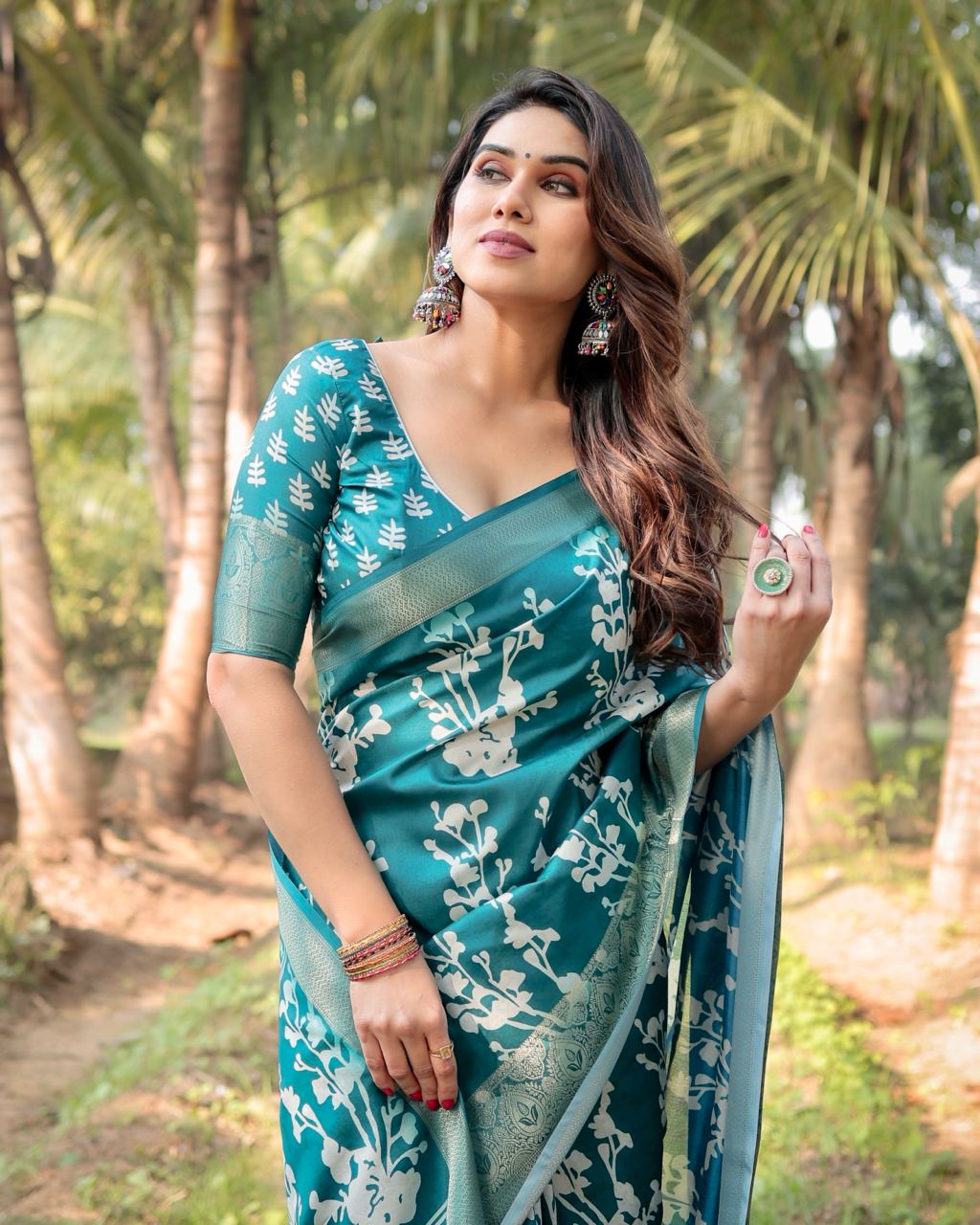 Pure Silk Digital Printed Sky Blue Saree with Brocade Blouse Colorful Saree