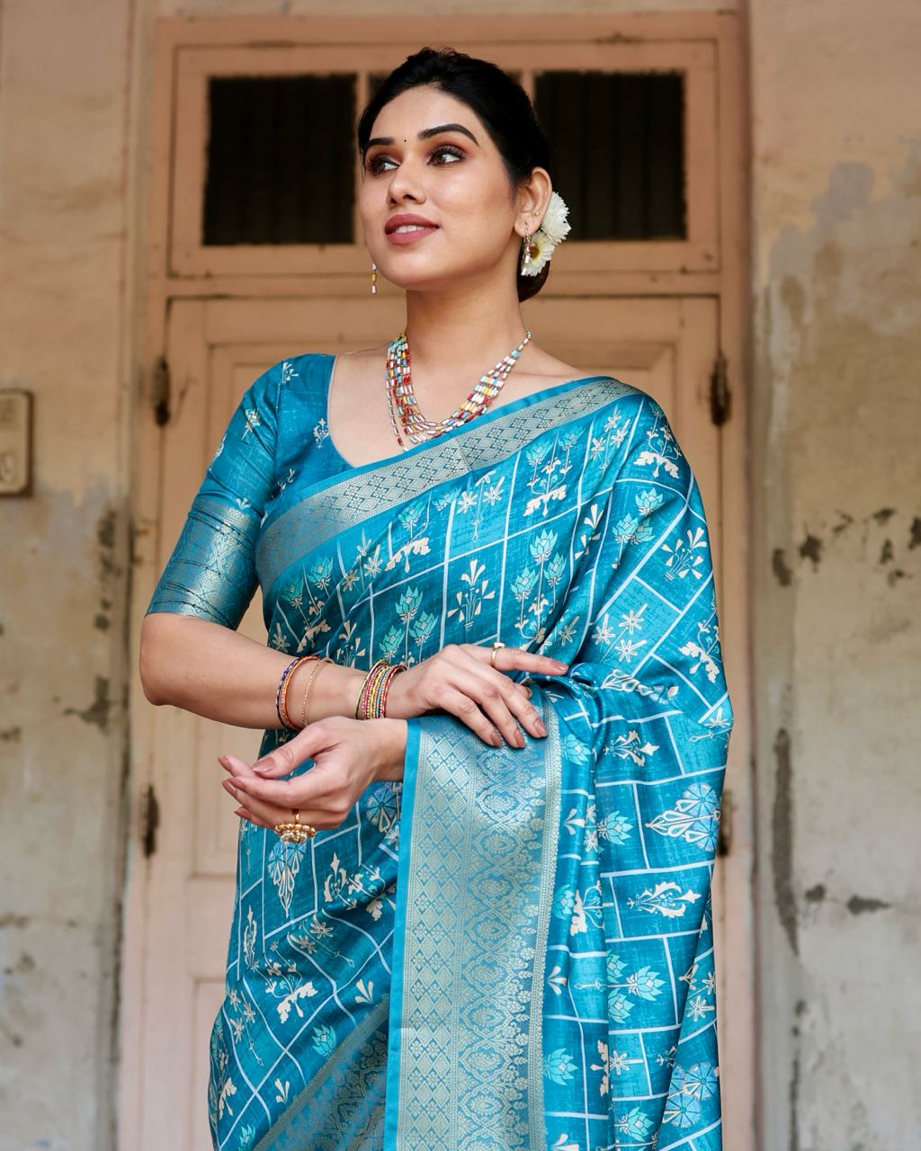 Pure Silk Digital Printed Sky Blue Saree with Brocade Blouse Colorful Saree