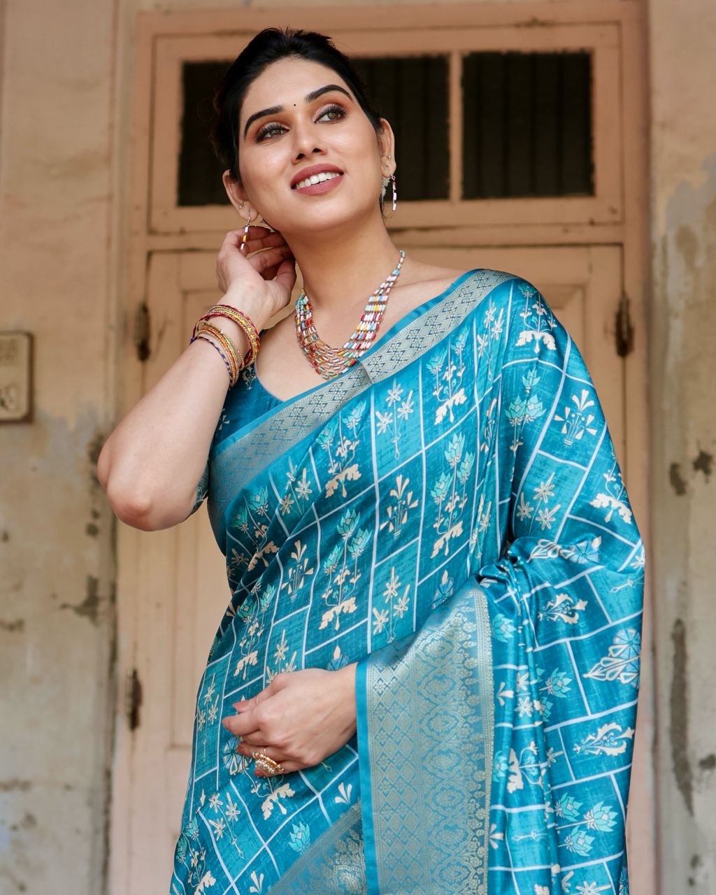 Pure Silk Digital Printed Sky Blue Saree with Brocade Blouse Colorful Saree