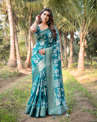 Pure Silk Digital Printed Sky Blue Saree with Brocade Blouse Colorful Saree