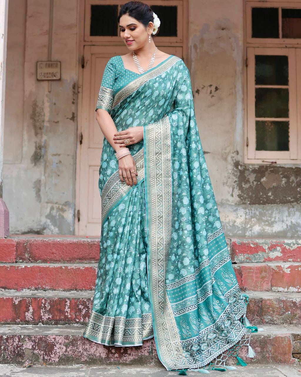 Pure Silk Digital Printed Sky Blue Saree with Brocade Blouse Colorful Saree