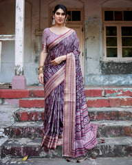 Pure Silk Digital Printed Wine Saree with Brocade Blouse Colorful Saree