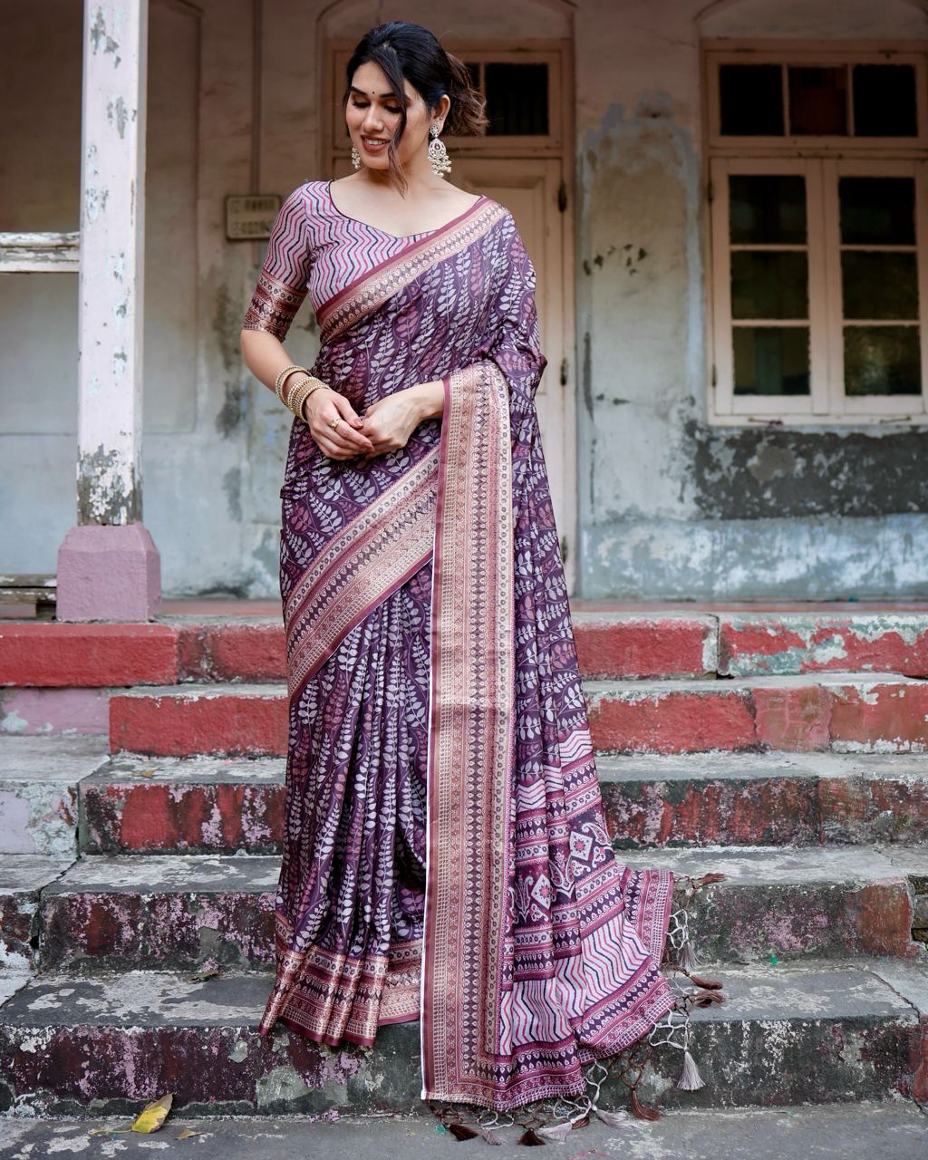 Pure Silk Digital Printed Wine Saree with Brocade Blouse Colorful Saree