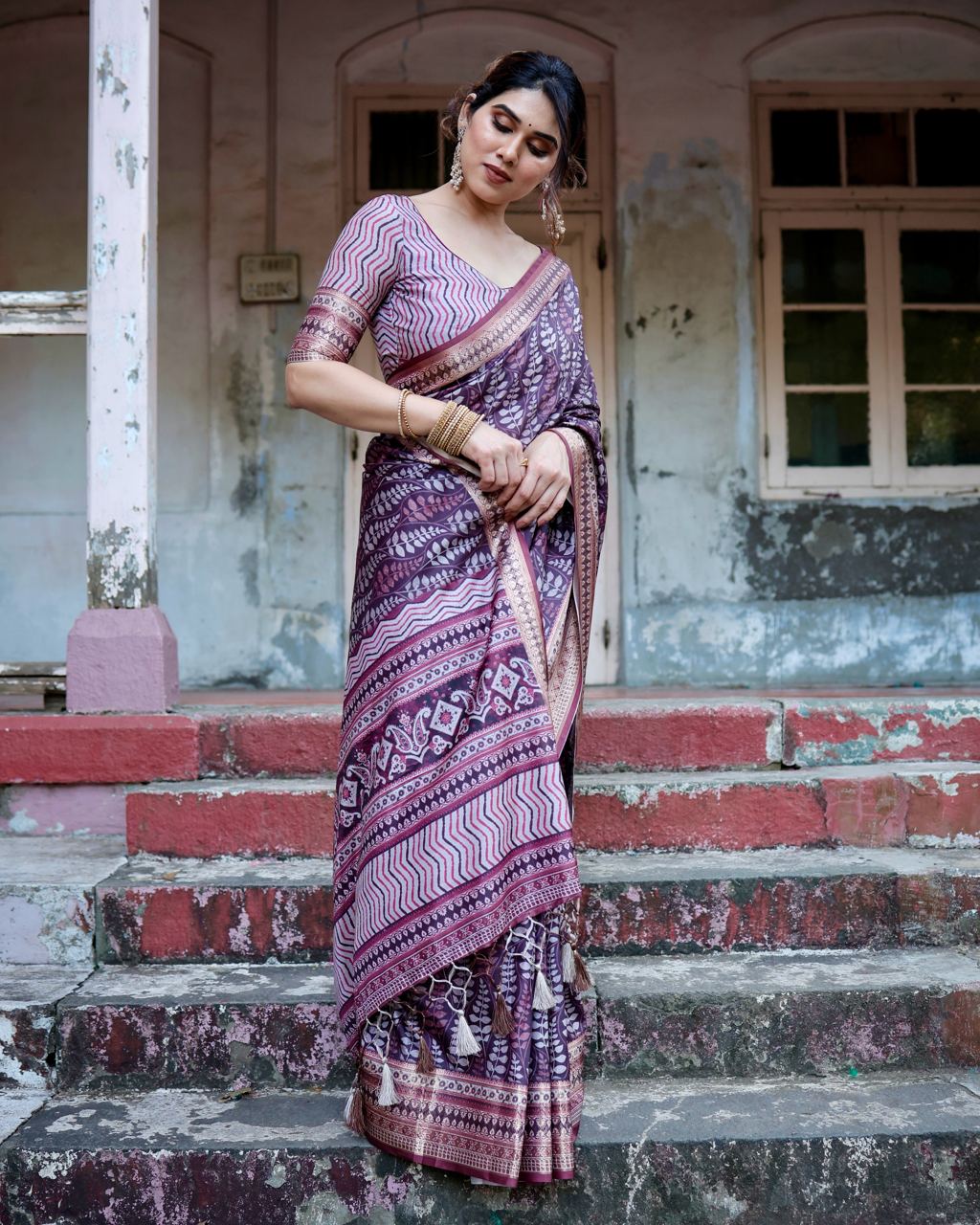 Pure Silk Digital Printed Wine Saree with Brocade Blouse Colorful Saree