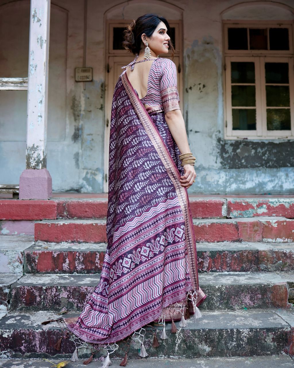 Pure Silk Digital Printed Wine Saree with Brocade Blouse Colorful Saree