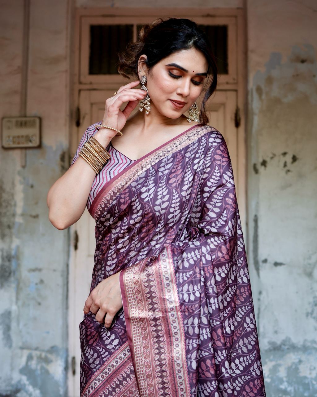 Pure Silk Digital Printed Wine Saree with Brocade Blouse Colorful Saree