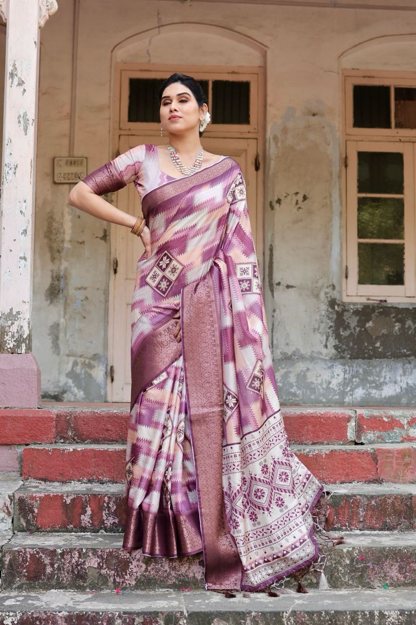 Pure Silk Digital Printed Wine Saree with Brocade Blouse Colorful Saree