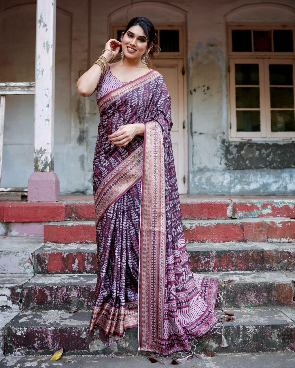 Pure Silk Digital Printed Wine Saree with Brocade Blouse Colorful Saree