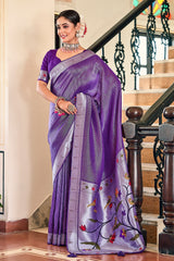 Exquisite Purple Viscose Paithani Meenakari Saree Colorful Saree