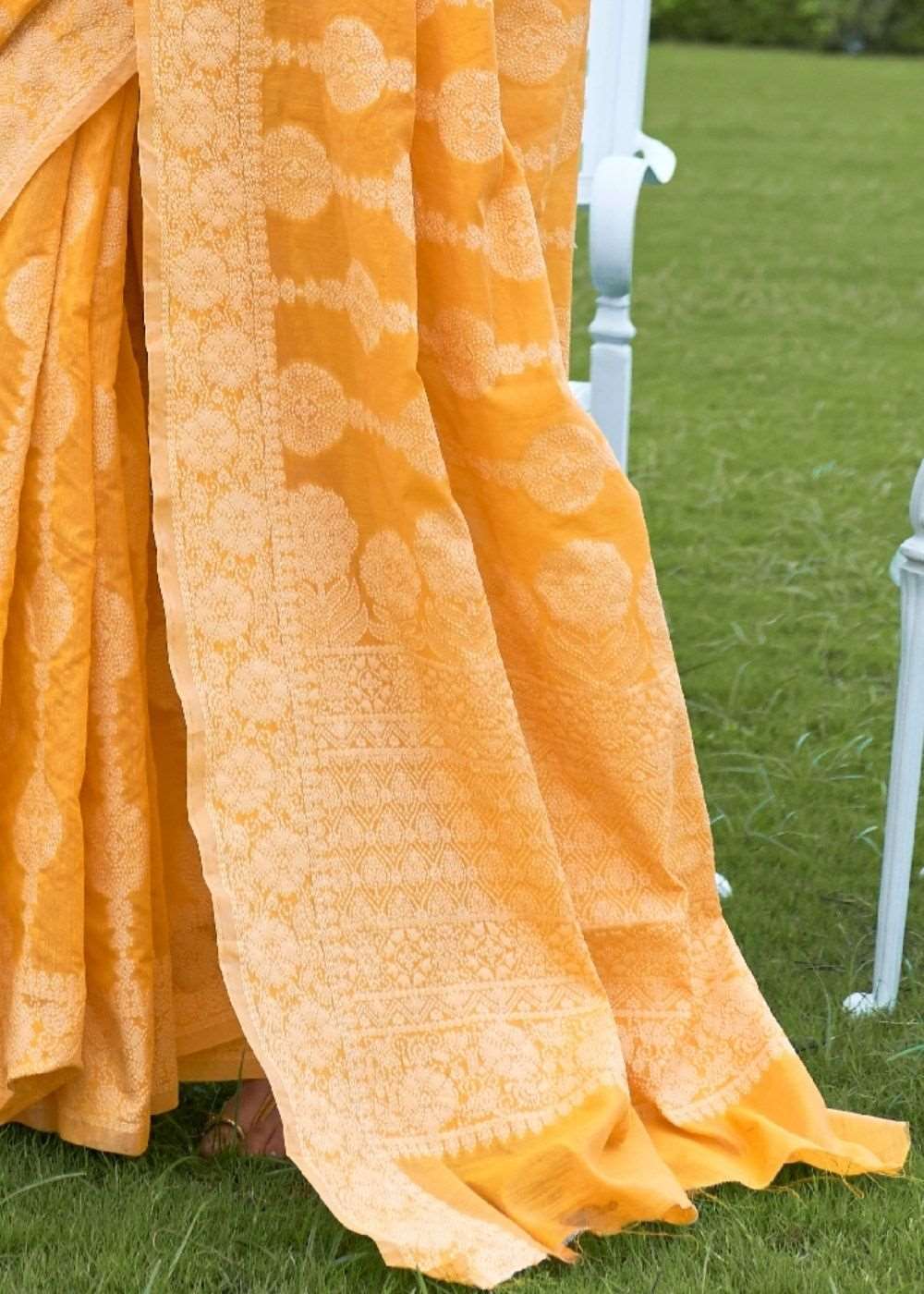 Amber Yellow Lucknowi Chikankari Weaving Silk Saree - Colorful Saree