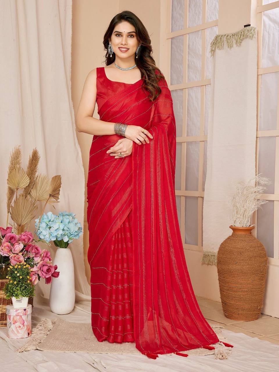 Rimzim Silk Red Saree with Unstitched Mono Banglory Blouse Colorful Saree