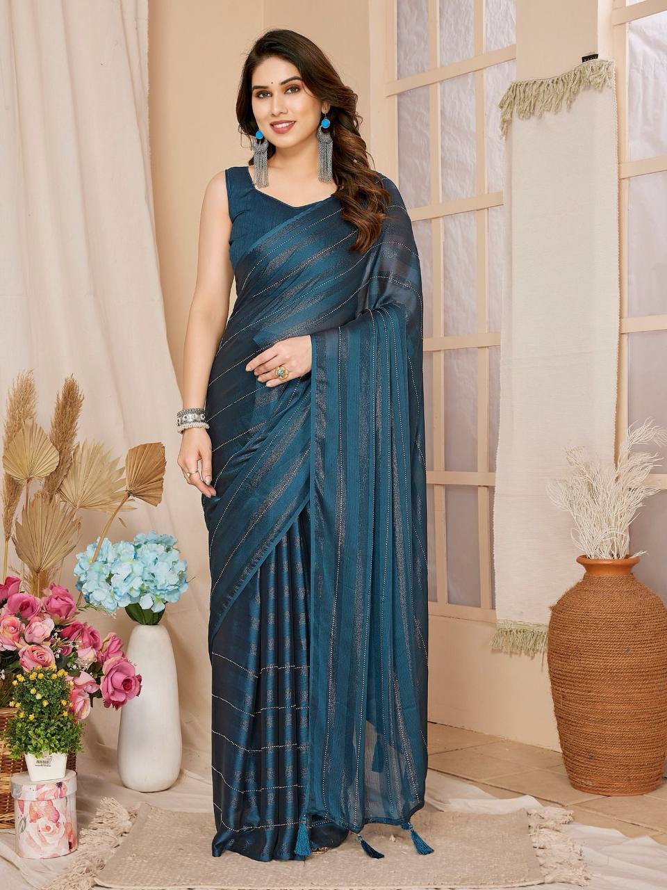 Rimzim Silk Teal Blue Saree with Unstitched Mono Banglory Blouse Colorful Saree