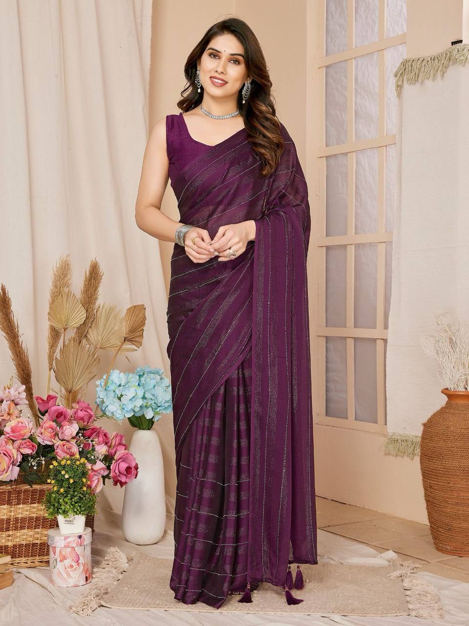 Rimzim Silk Wine Saree with Unstitched Mono Banglory Blouse Colorful Saree