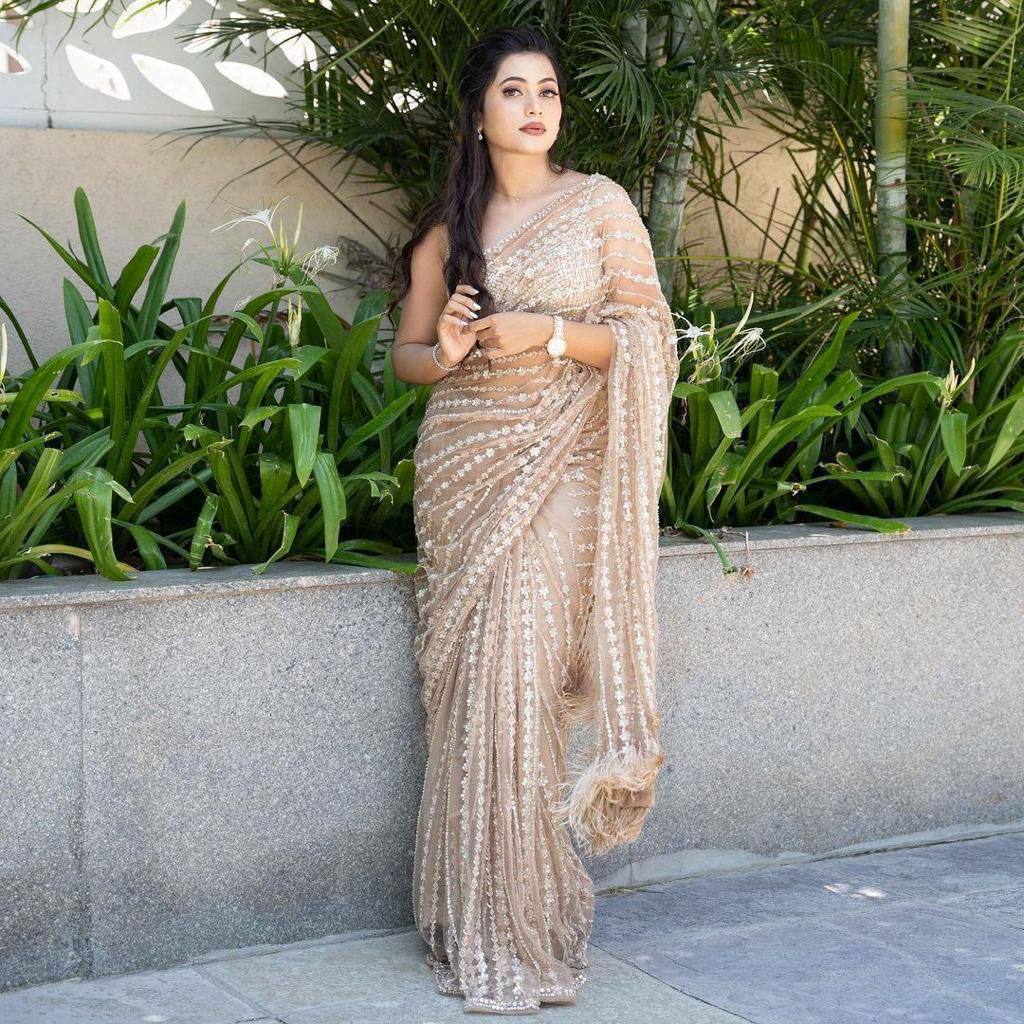 Sequenced Soft Net Brown Saree with Embroidered Blouse Piece Colorful Saree