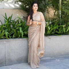 Sequenced Soft Net Brown Saree with Embroidered Blouse Piece Colorful Saree