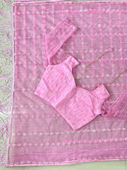 Sequenced Soft Net Pink Saree with Embroidered Blouse Piece Colorful Saree