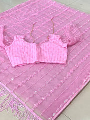 Sequenced Soft Net Pink Saree with Embroidered Blouse Piece Colorful Saree