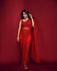 Sequenced Soft Net Red Saree with Embroidered Blouse Piece Colorful Saree