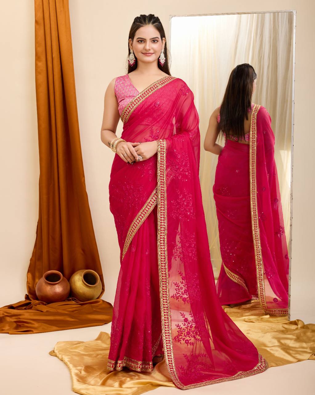 Shimmering Soft Organza Saree with Sequins & Lace - Perfect for Parties Colorful Saree