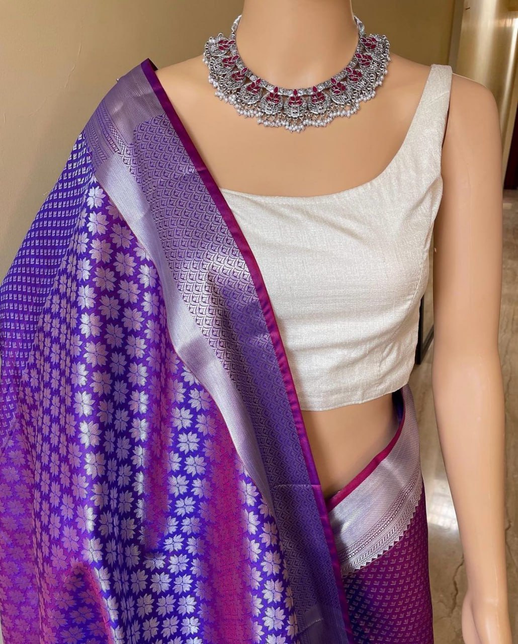 Silver Zari Woven Banarasi Soft Silk Saree with Blouse Piece Colorful Saree