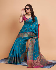 Soft Banarasi Silk Blue Saree with Rapier Jacquard Work Colorful Saree