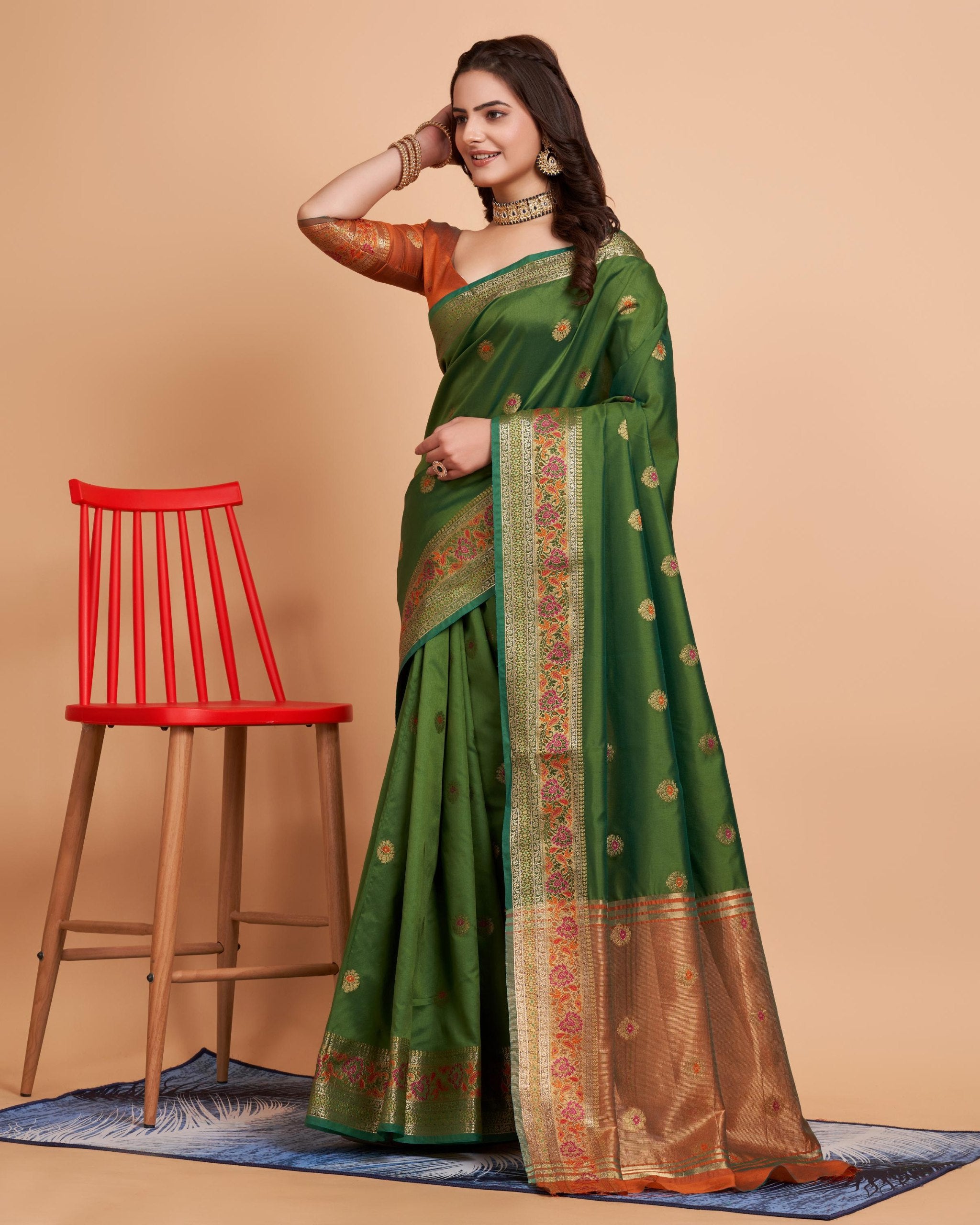 Soft Banarasi Silk Green Saree with Rapier Jacquard Work Colorful Saree