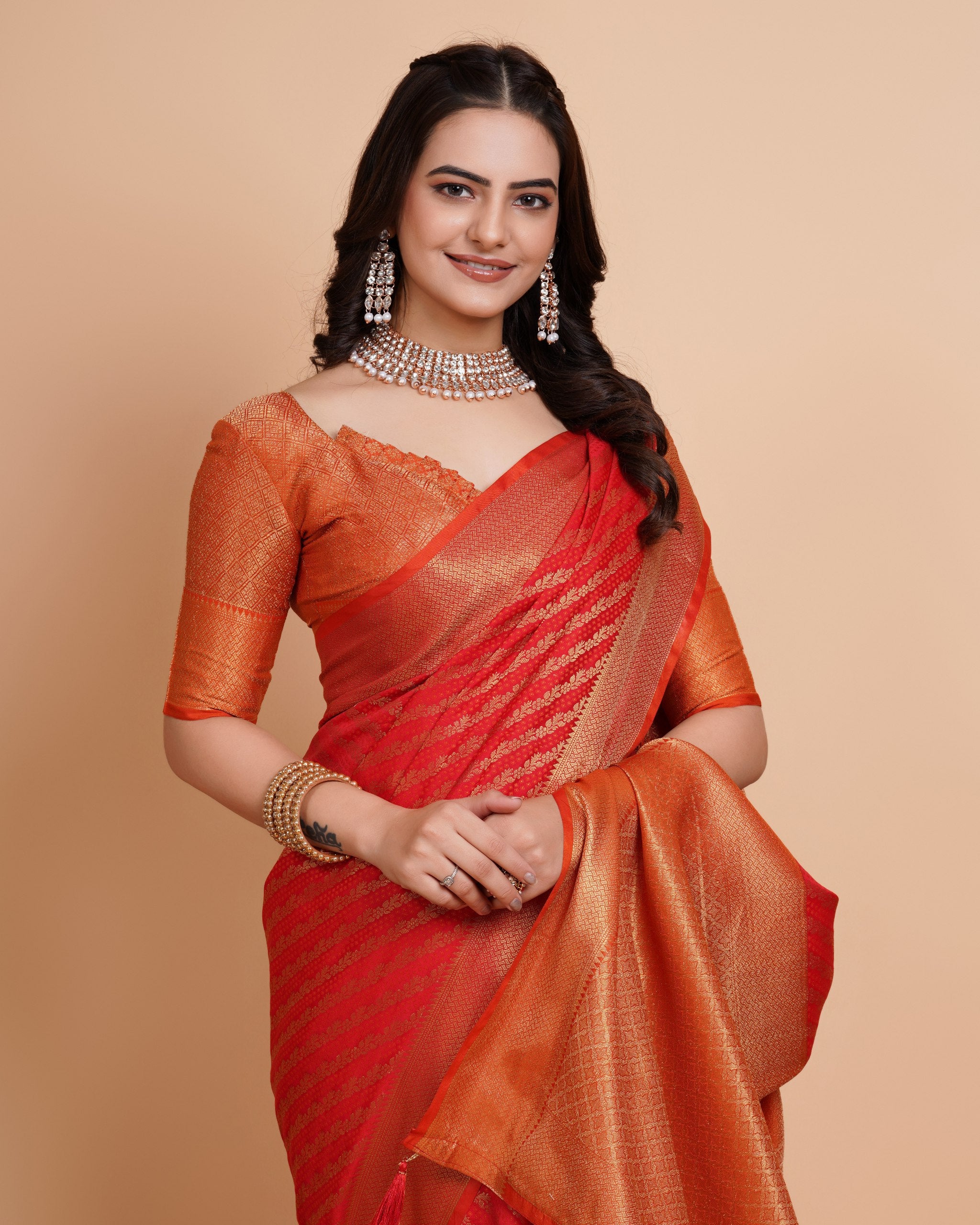 Soft Banarasi Silk Orange Saree with Rapier Jacquard Work Colorful Saree