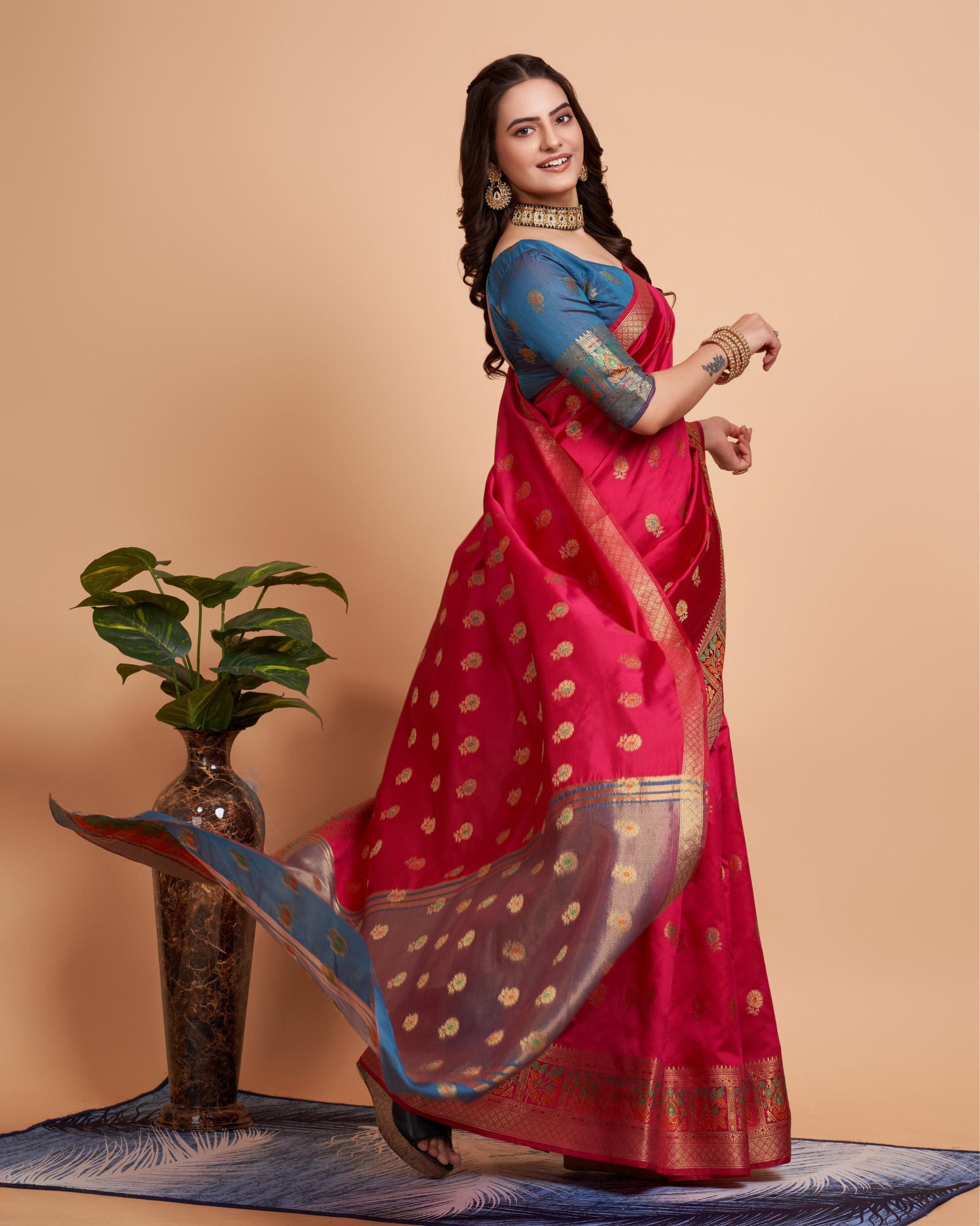 Soft Banarasi Silk Pink Saree with Rapier Jacquard Work Colorful Saree