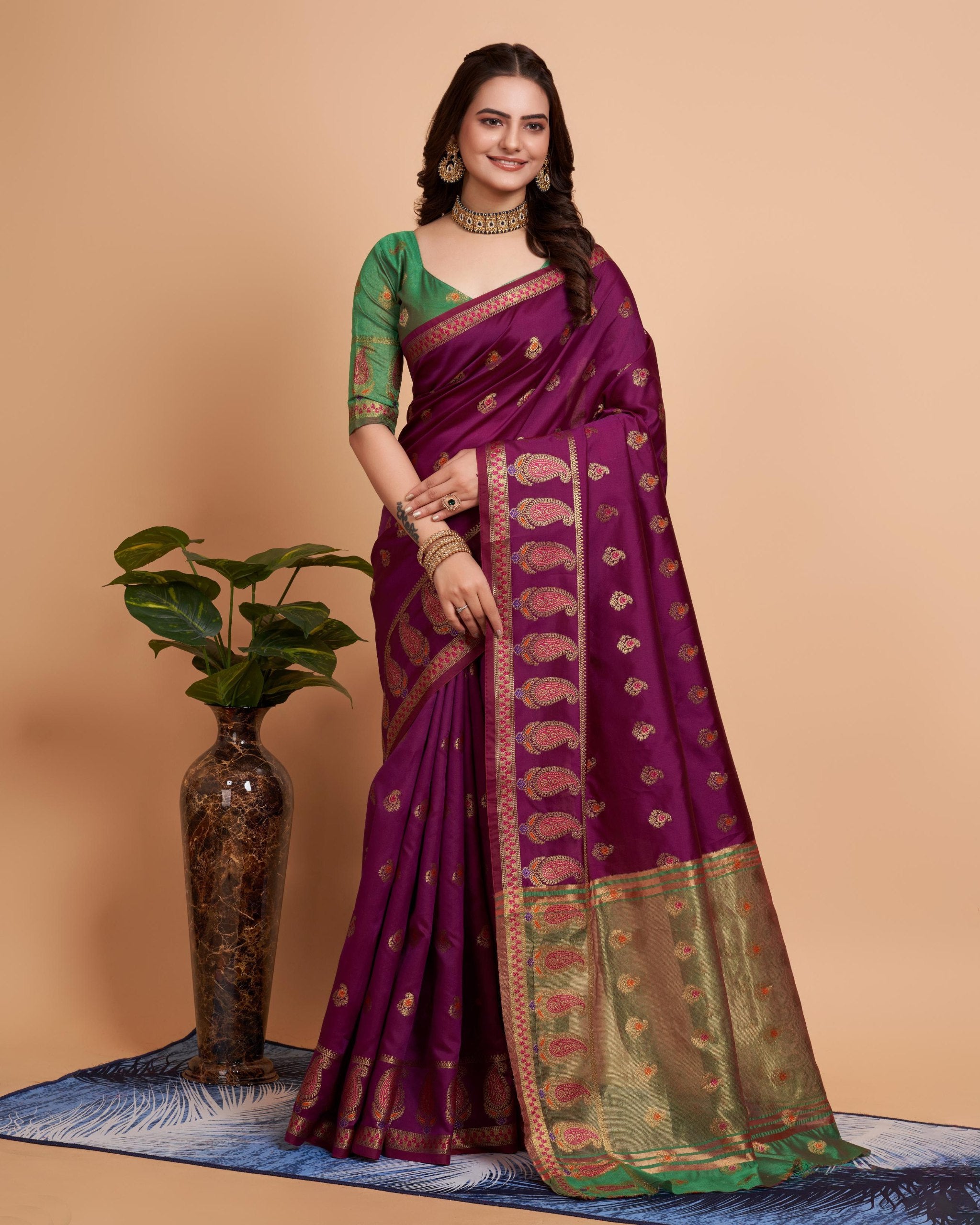 Soft Banarasi Silk Wine Saree with Rapier Jacquard Work Colorful Saree