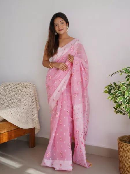 Soft Cotton Baby Pink Saree with Blouse Piece Colorful Saree