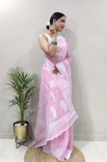 Soft Cotton Baby Pink Saree with Blouse Piece Colorful Saree