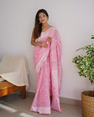 Soft Cotton Baby Pink Saree with Blouse Piece Colorful Saree