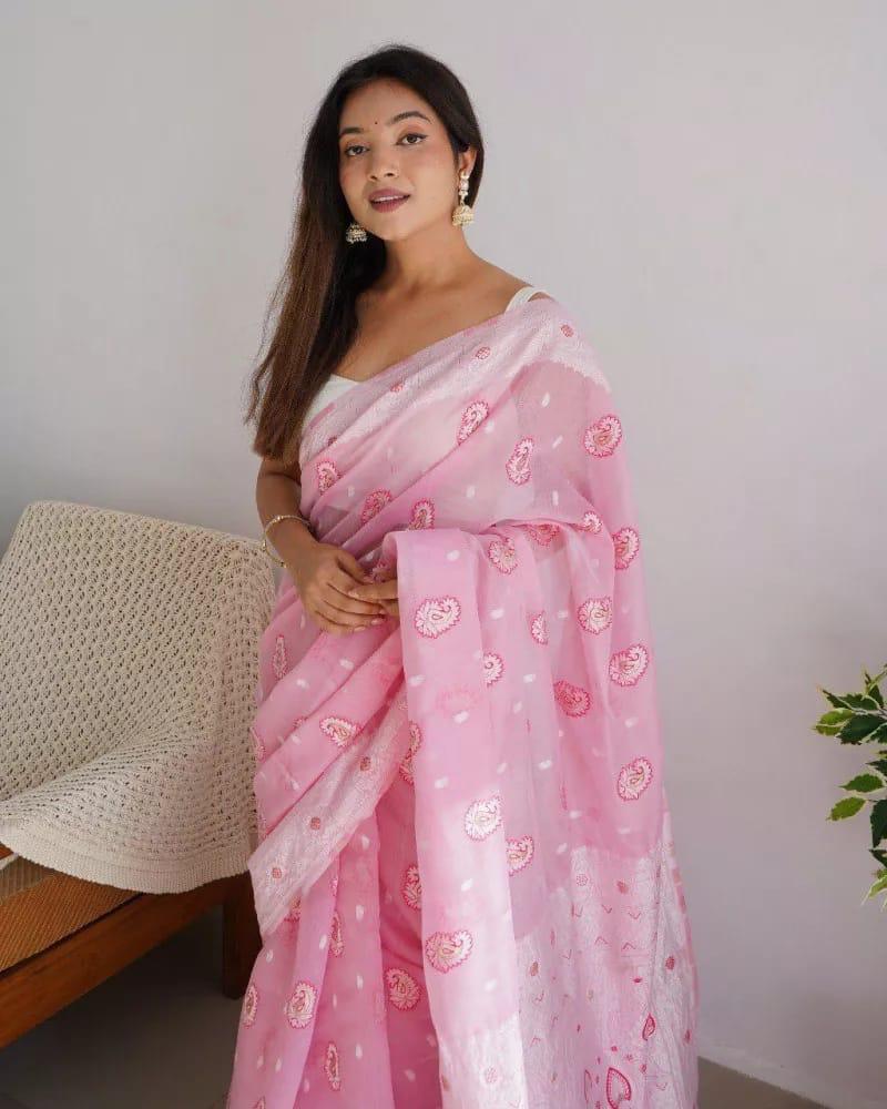 Soft Cotton Baby Pink Saree with Blouse Piece Colorful Saree