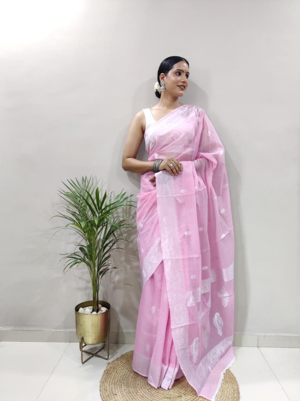 Soft Cotton Baby Pink Saree with Blouse Piece Colorful Saree