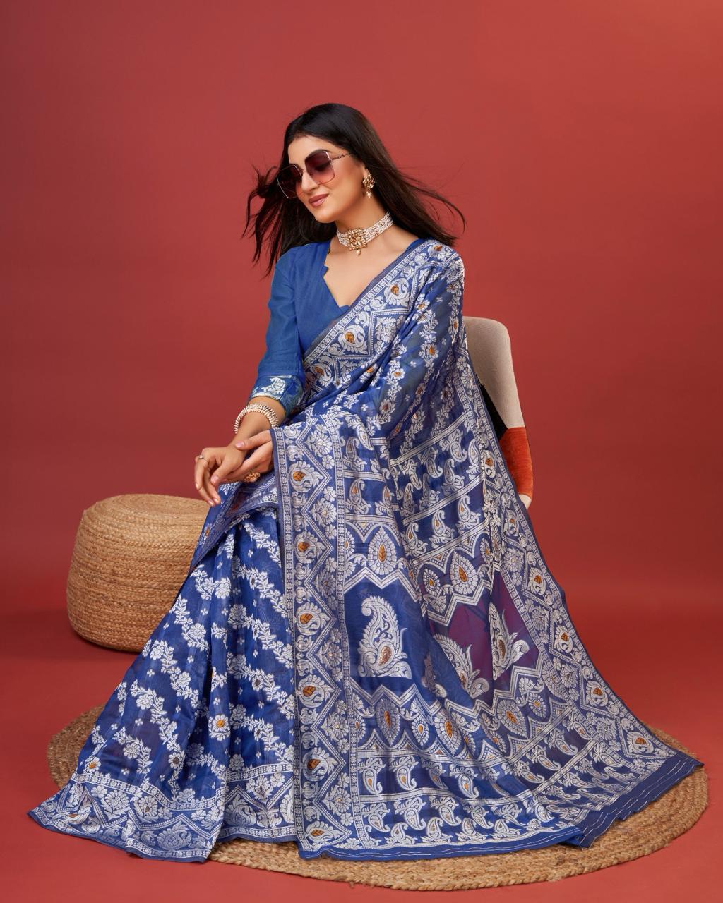 Soft Cotton Blue Saree with Blouse Piece Colorful Saree