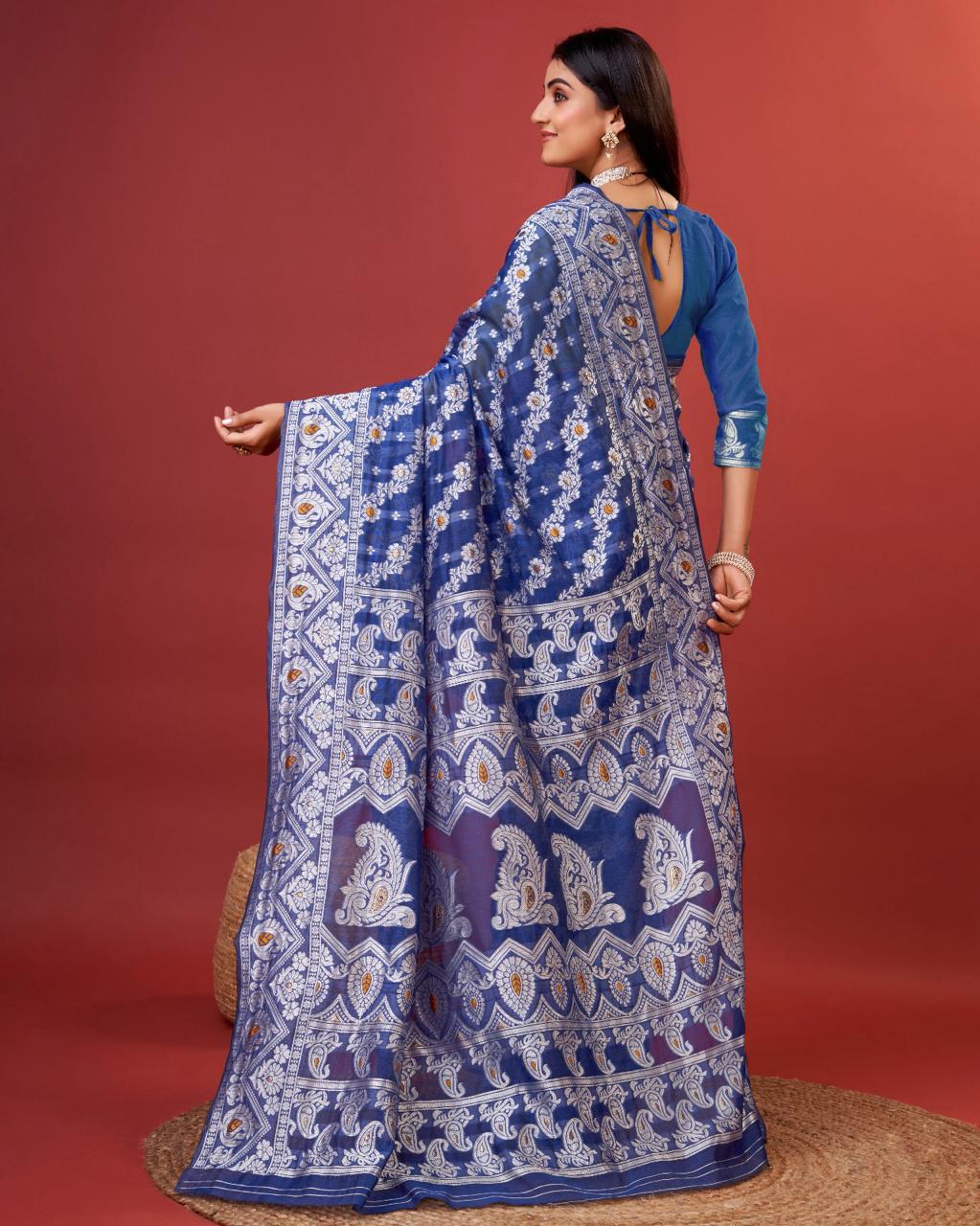 Soft Cotton Blue Saree with Blouse Piece Colorful Saree