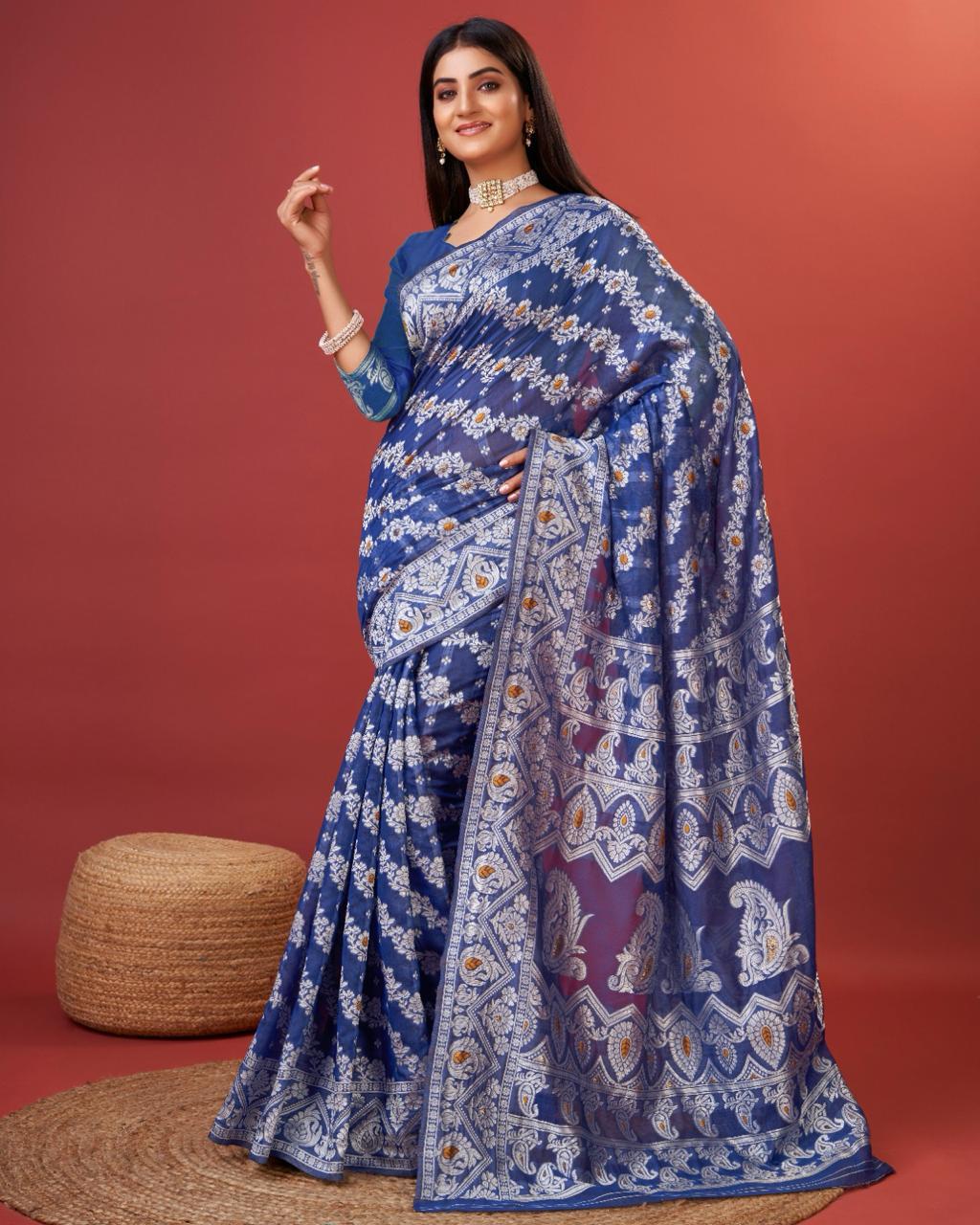 Soft Cotton Blue Saree with Blouse Piece Colorful Saree