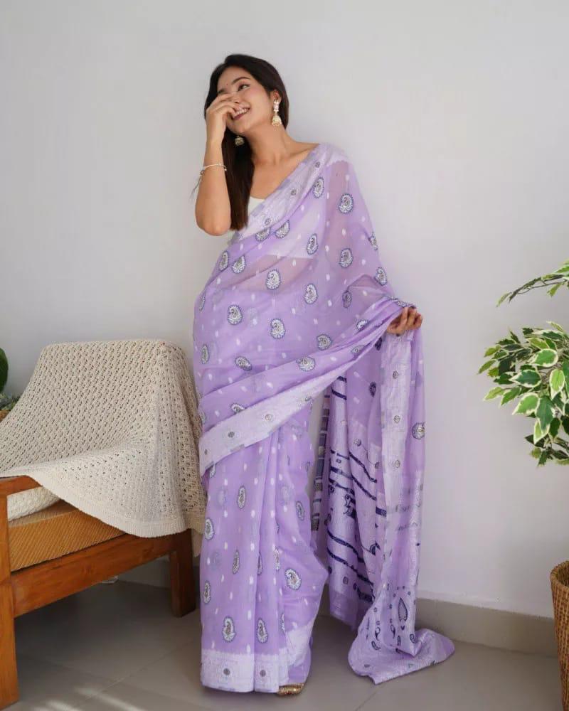 Soft Cotton Lavender Saree with Blouse Piece Colorful Saree