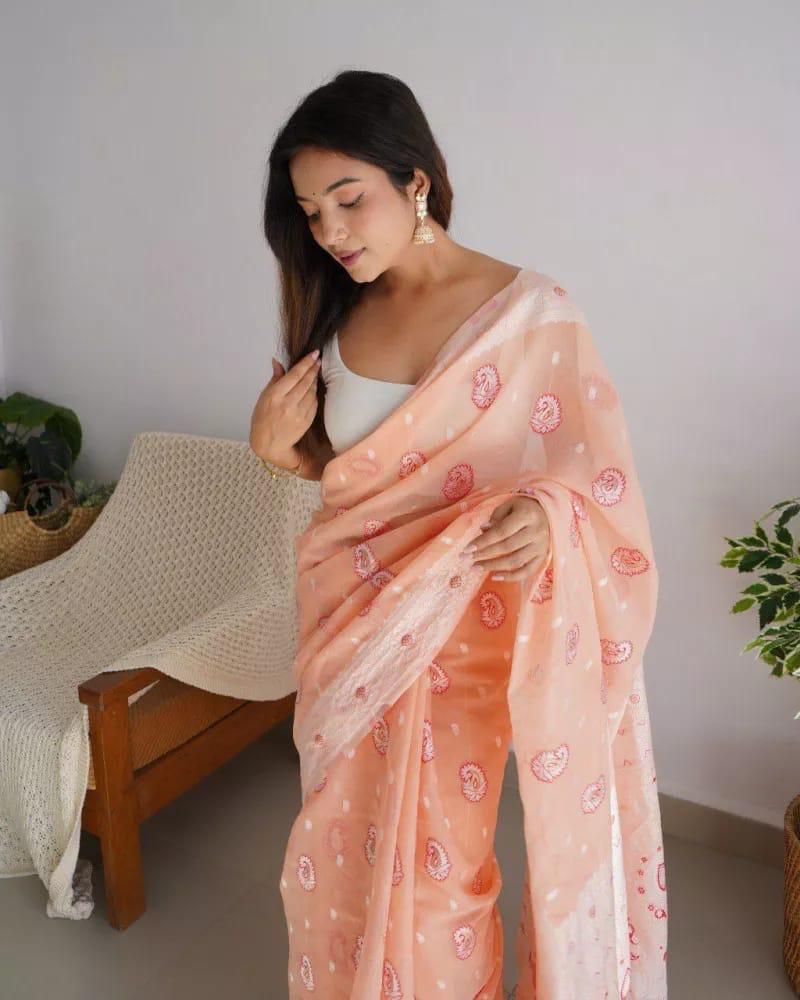 Soft Cotton Peach Saree with Blouse Piece Colorful Saree