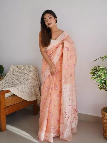 Soft Cotton Peach Saree with Blouse Piece Colorful Saree